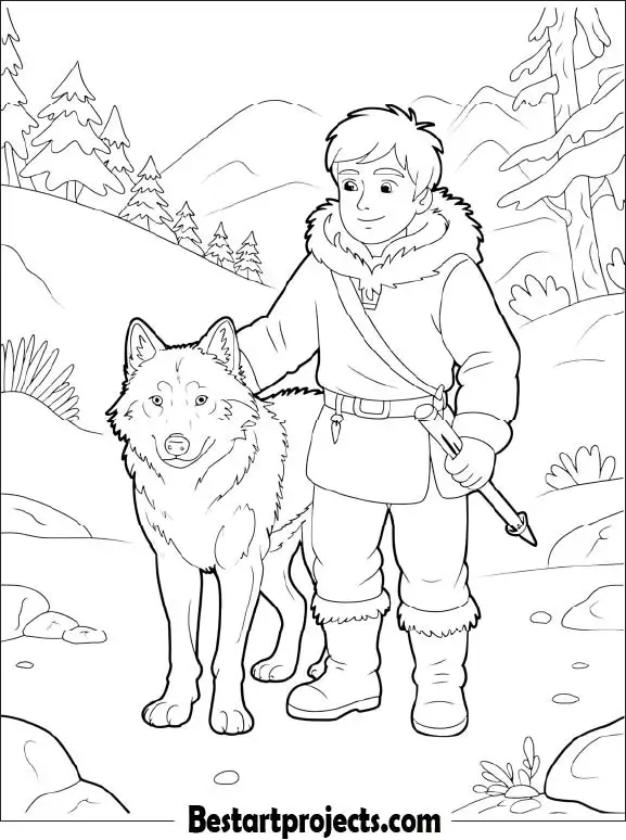 Hunter with His Wolf Coloring Page