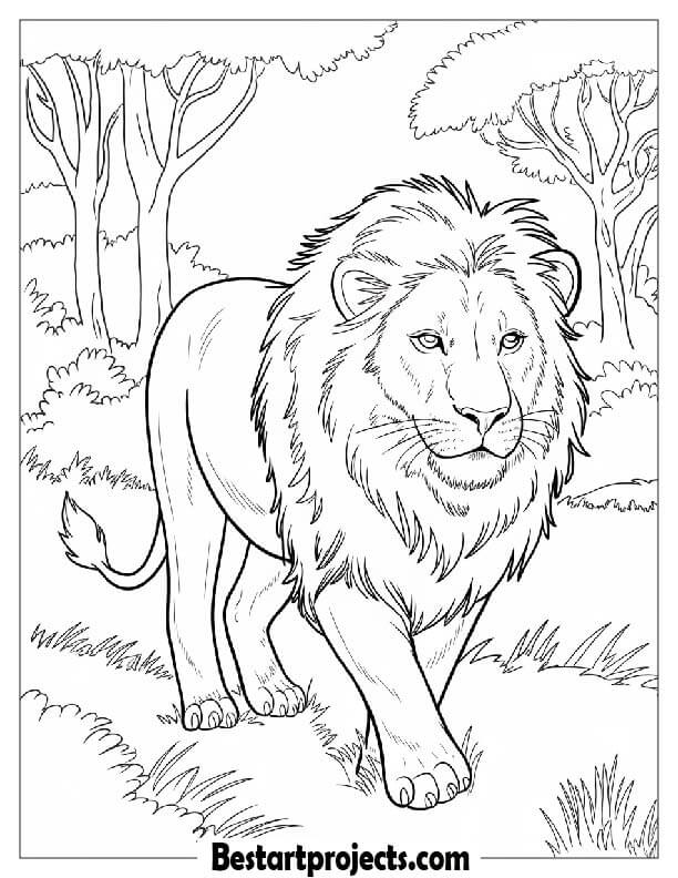 Lion walking through the savanna forest