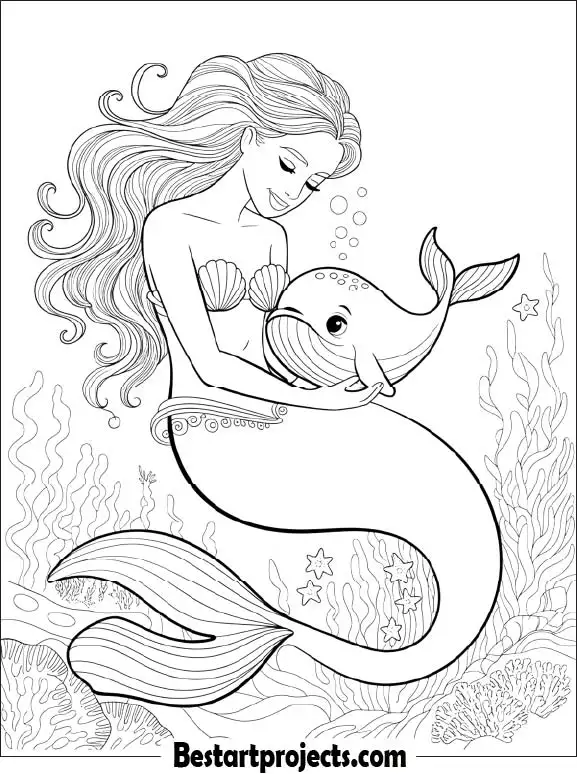 Mermaid Holding a Whale Coloring page