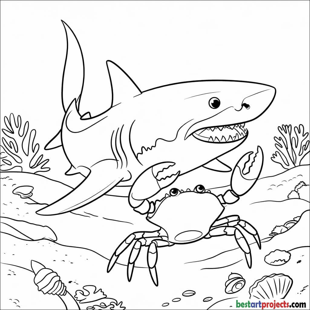 Shark with a Crab coloring sheet