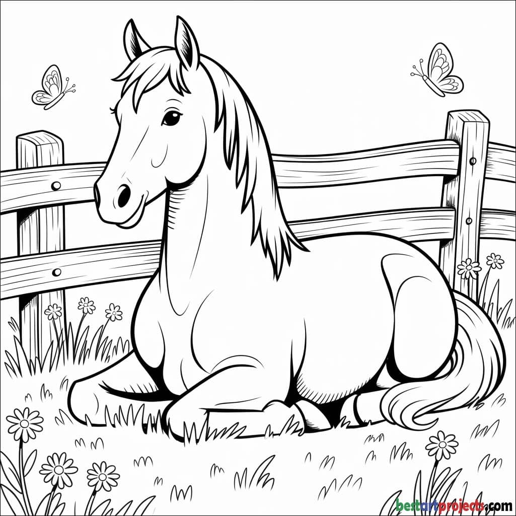 Horse Resting Near a Farm Fence Coloring worksheet pdf