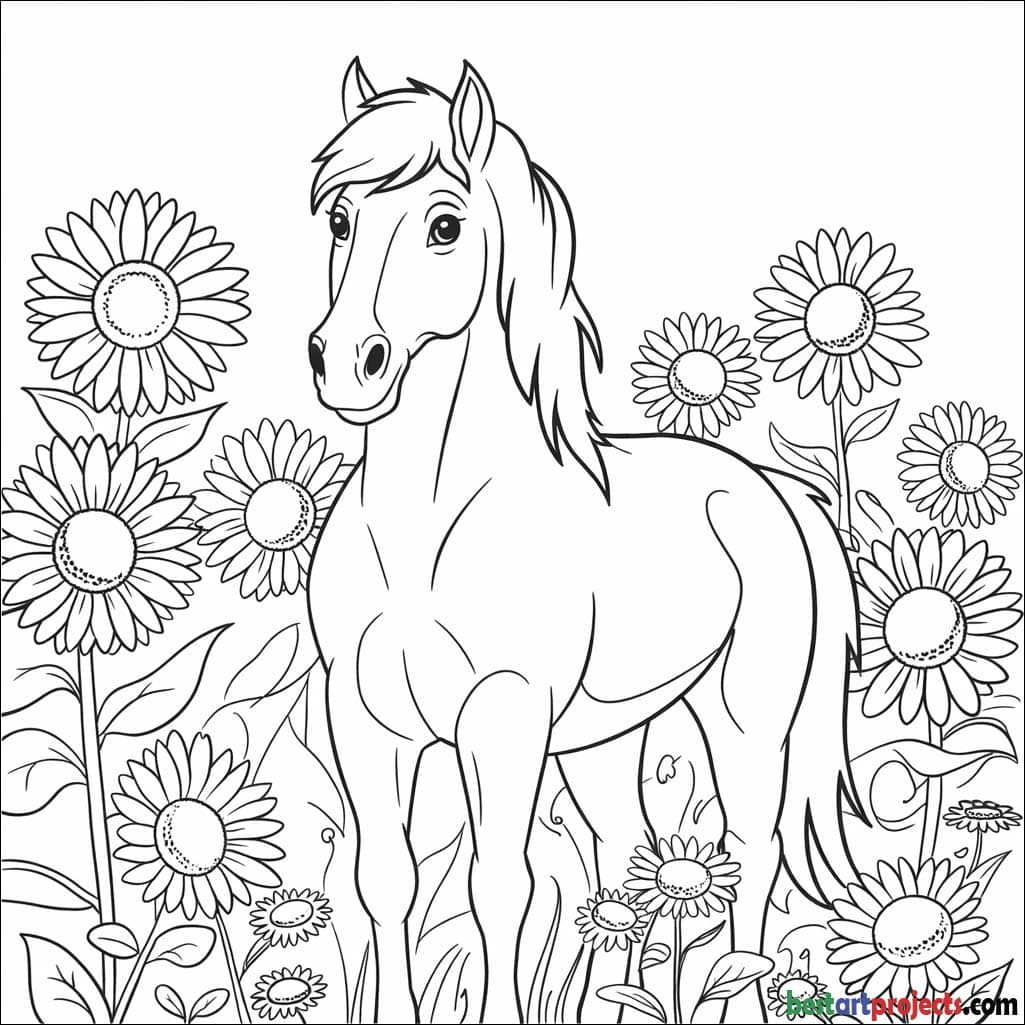 Horse standing in a sunflower field Coloring page