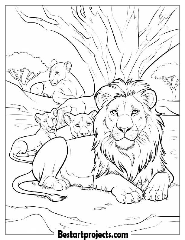 pride of lions resting under a tree