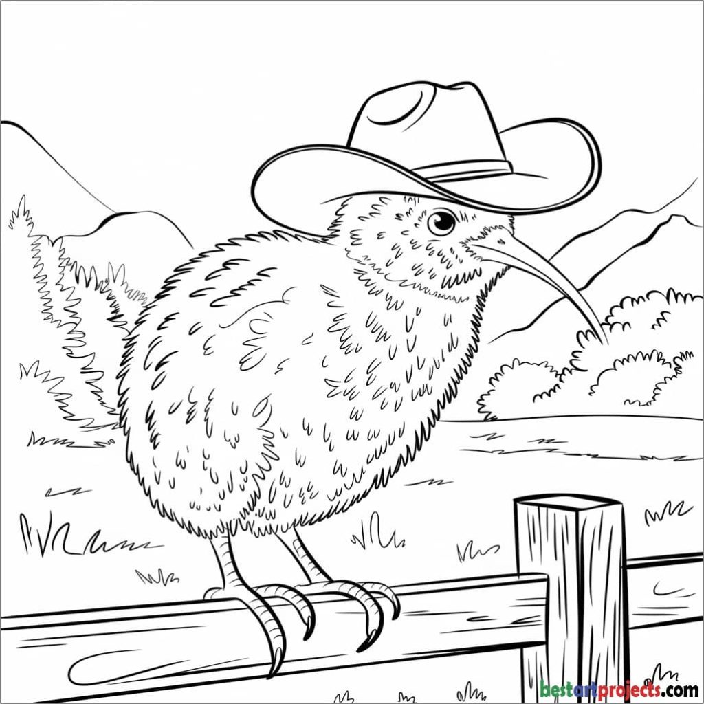 Kiwi Bird Wearing a Cowboy Hat Coloring Page