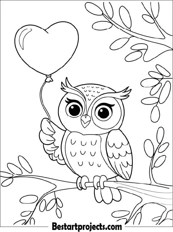 4.Cartoon Owl Holding a Heart Balloon