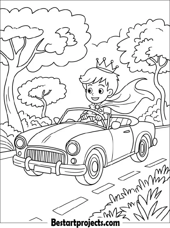 Little Prince Driving a Car Coloring Sheet