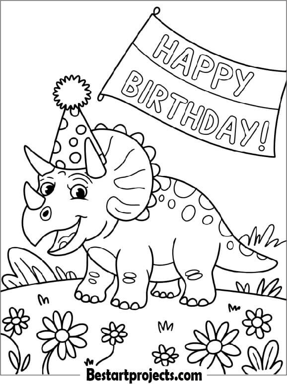 Triceratops Wearing a Party Hat Coloring Page