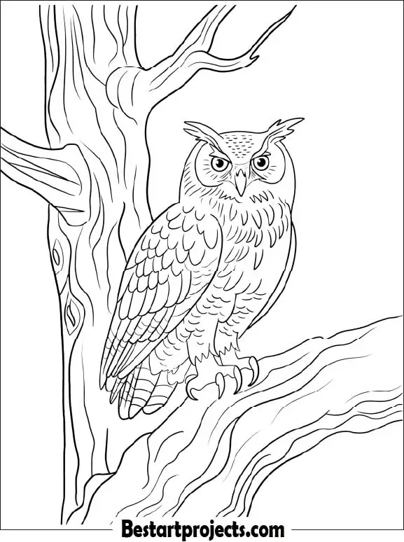 40.Eagle Owl Perched on a Tree Trunk