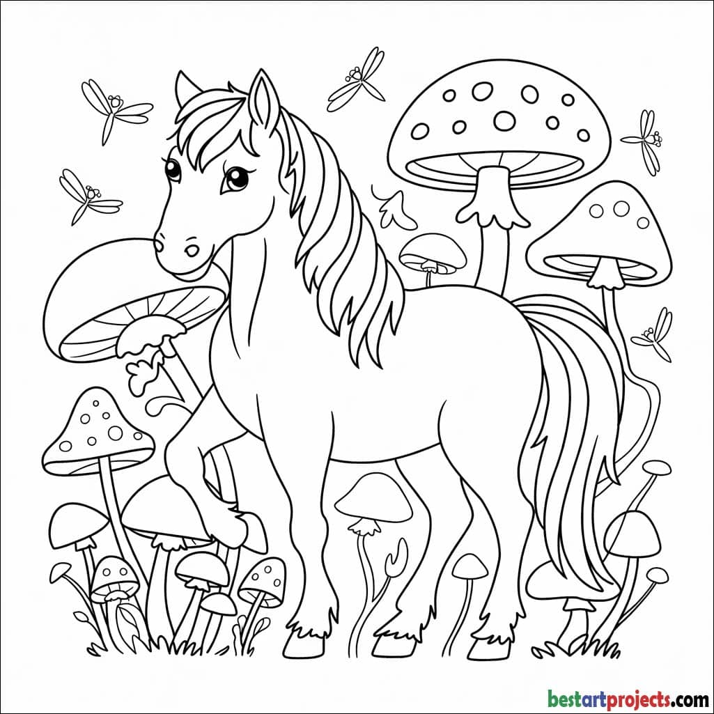 Forest horse surrounded by mushrooms Coloring woksheet pdf