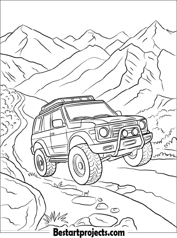 Off-Road SUV in Mountain Terrain Coloring Sheet for Adults