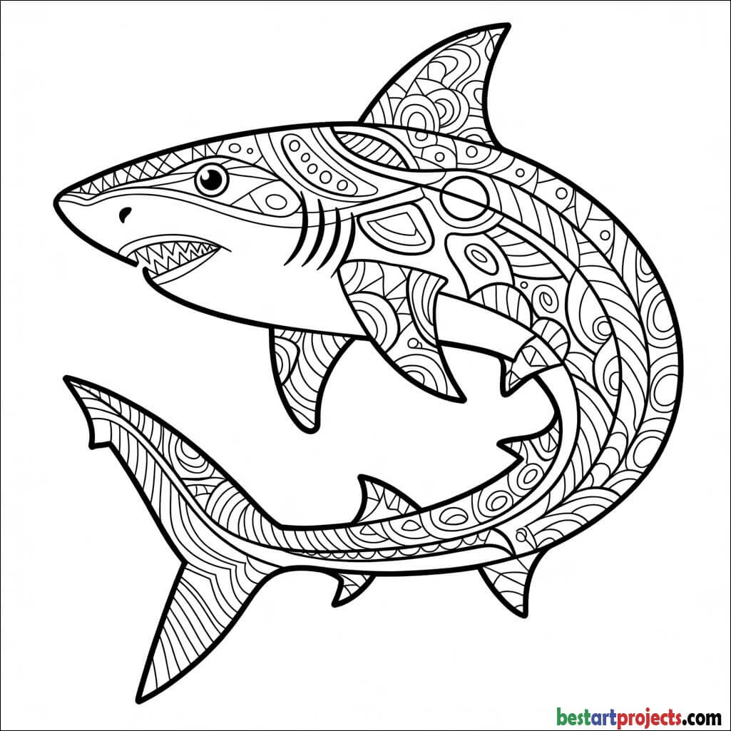 Shark zentangle pattern coloring page