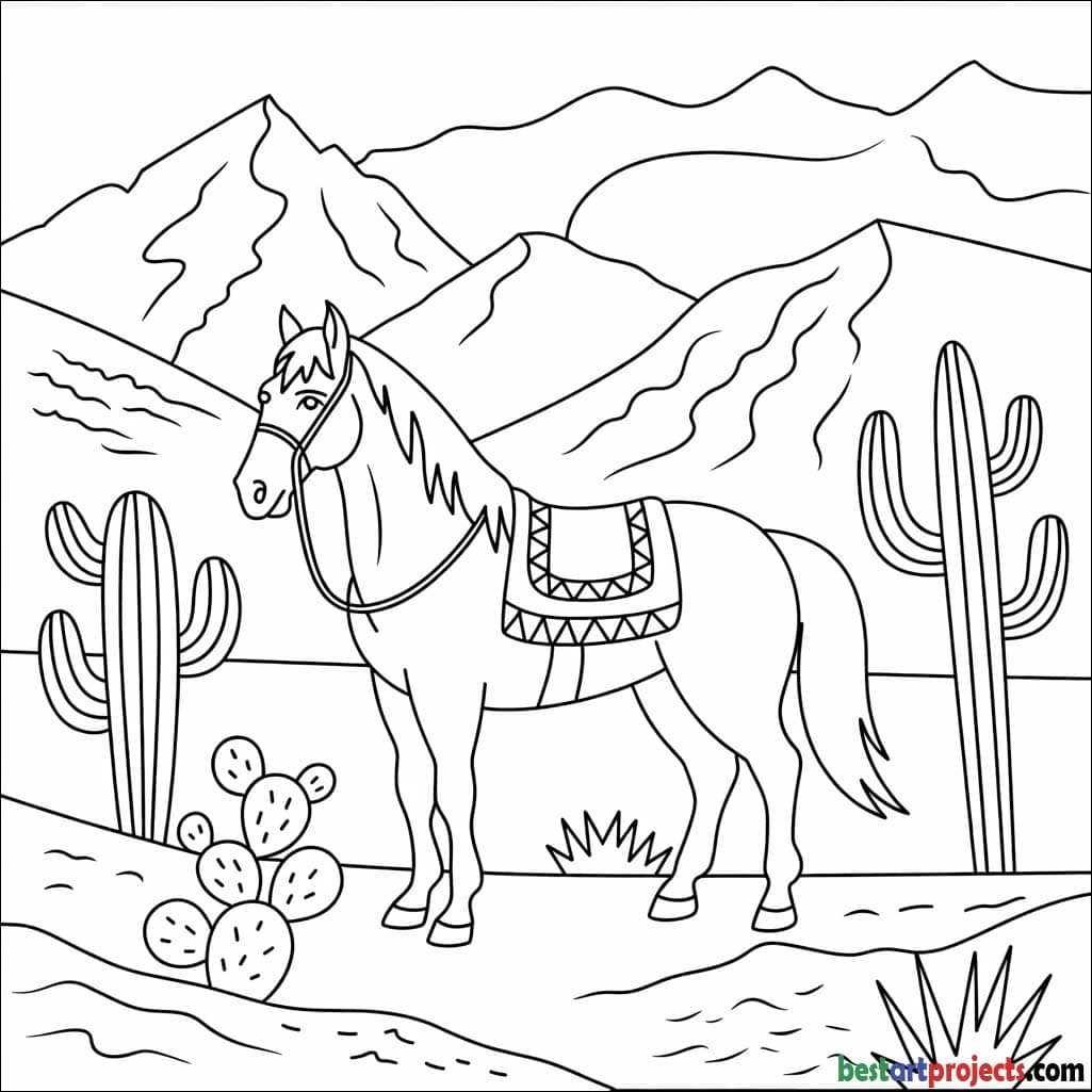 Desert horse with cacti and sand dunes  Coloring page 