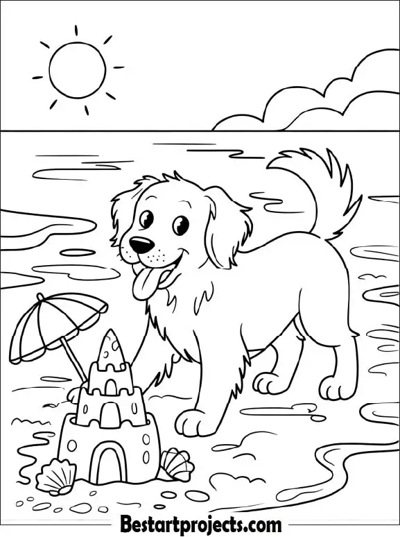 Dog at Beach with Sandcastle – Free Summer Coloring Page