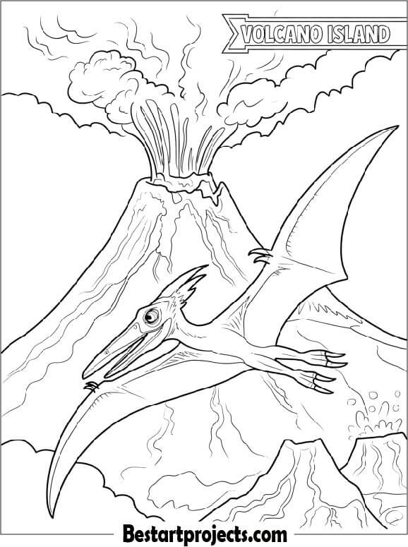 Pterosaurs Flying over a Volcano