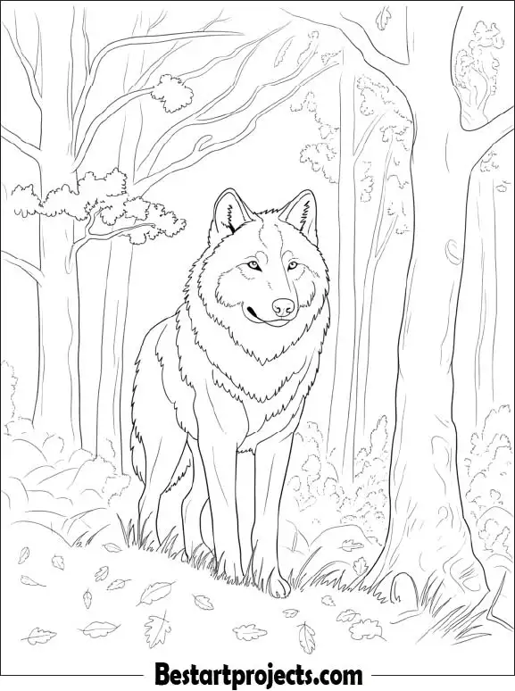 Wolf in Autumn Forest Coloring Sheet Printable