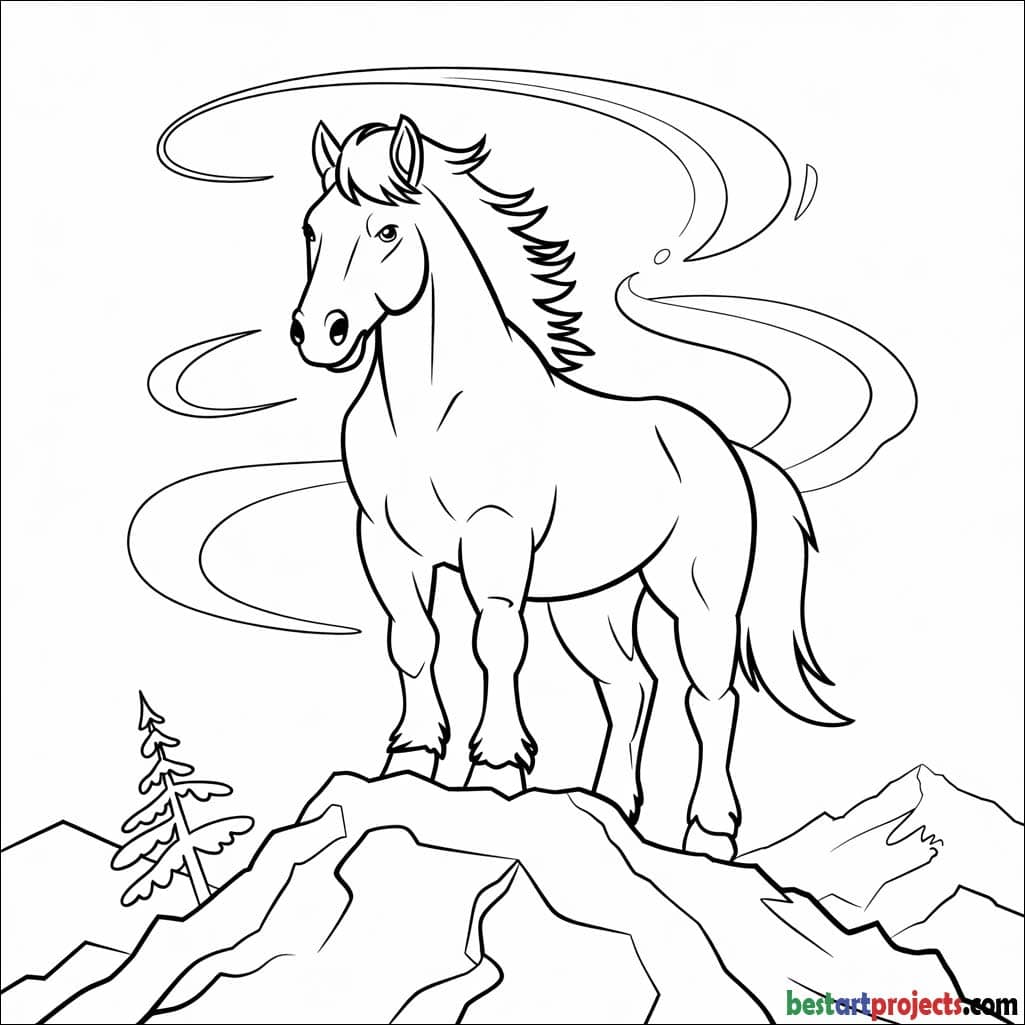 Mountain horse on a snowy peak  Coloring page 