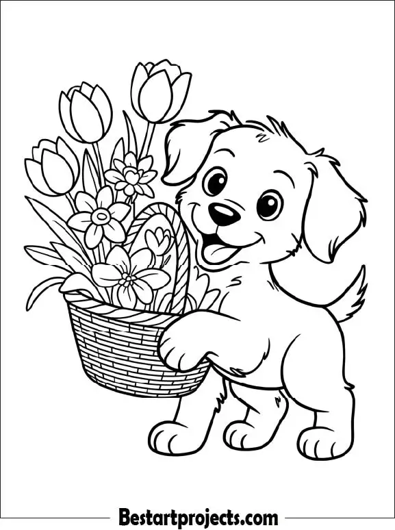Puppy with Spring Flower Basket