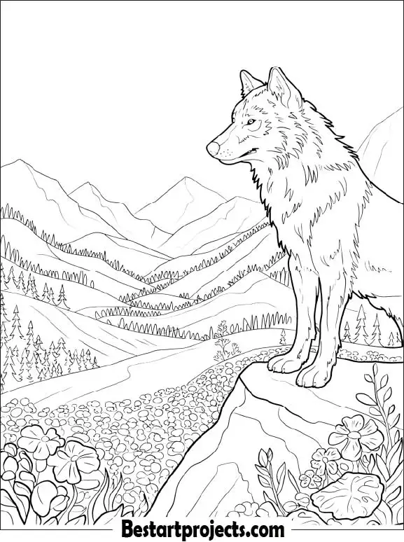 Realistic Wolf on Cliff Printable Coloring pdf