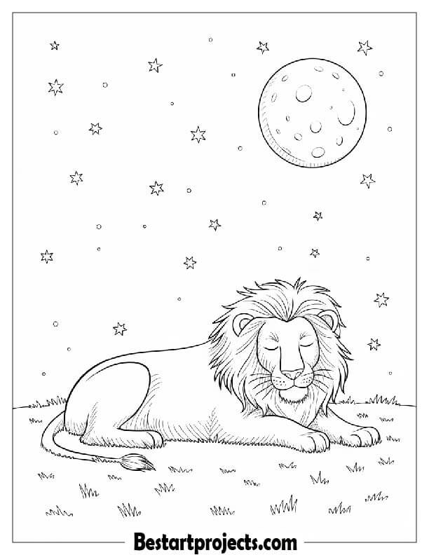 A lion sleeping under a full moon