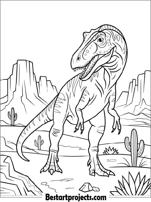 Allosaurus in a Desert Landscape Coloring Page