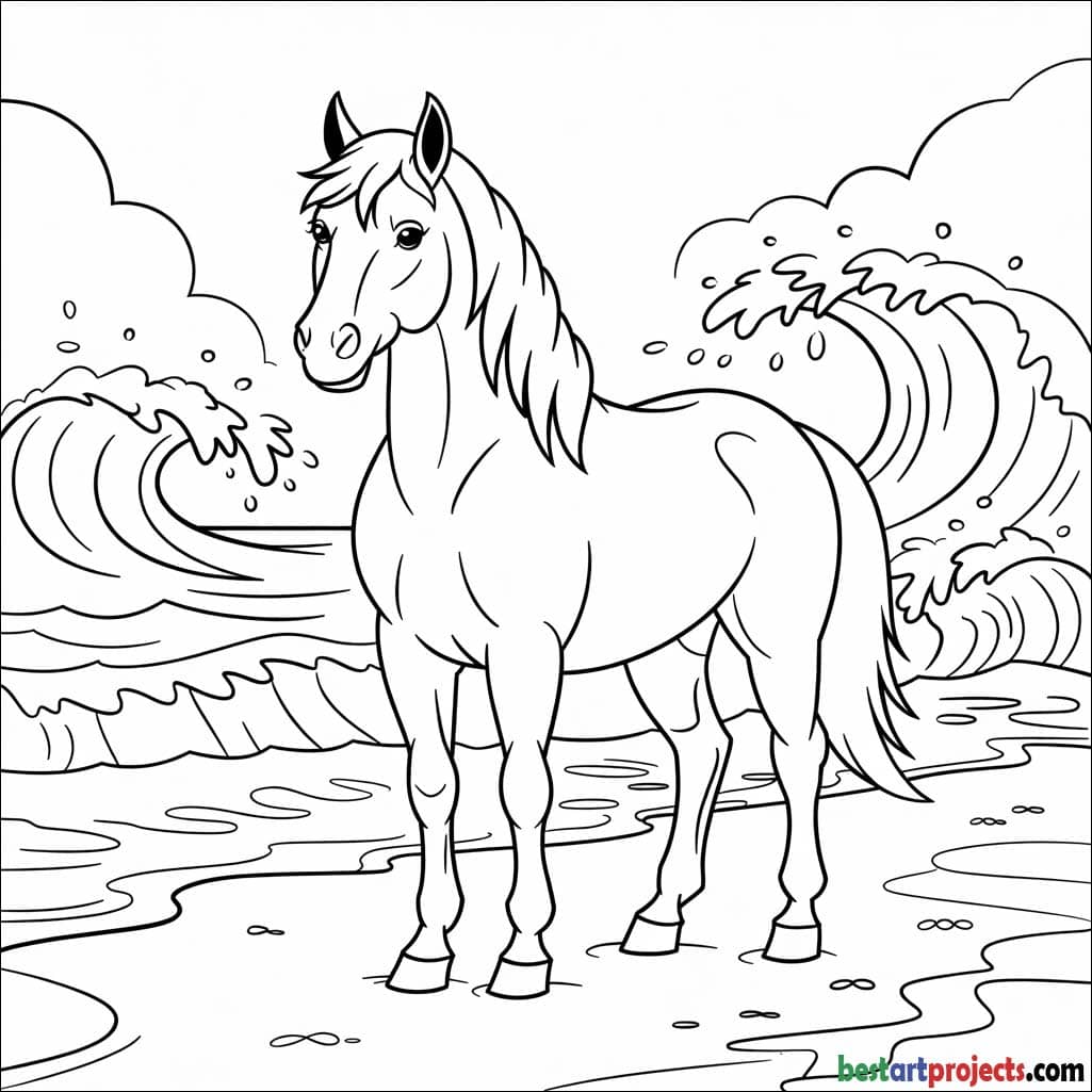 Ocean-side horse with crashing waves Coloring page pdf