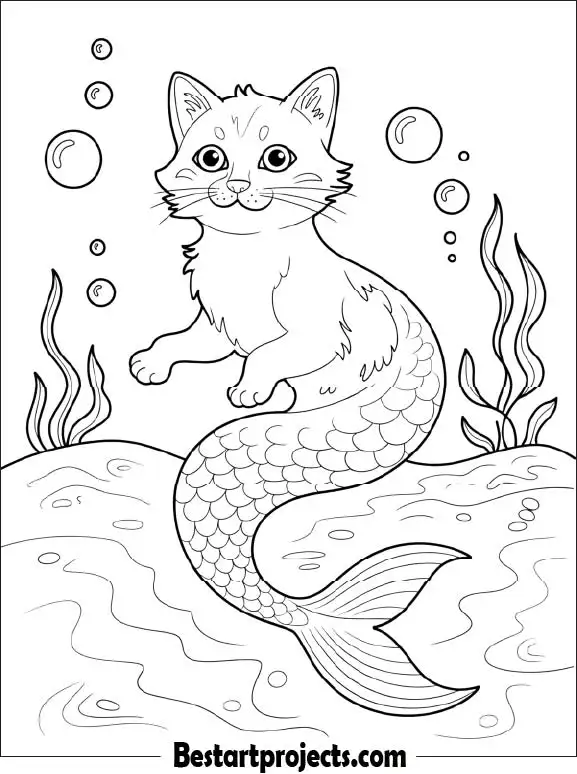 Mermaid Cat Coloring Page
