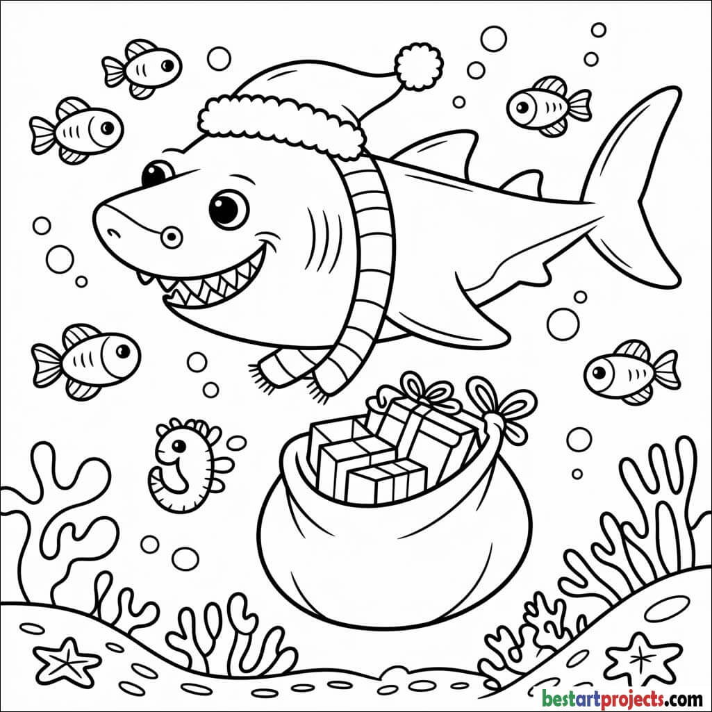 Santa shark delivering presents underwater Coloring sheet
