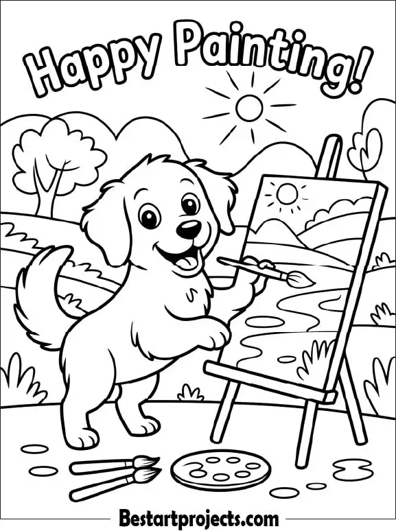 Dog Painting with Brush – Free Printable Coloring Sheet