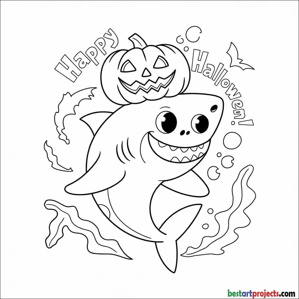 Halloween shark wearing a pumpkin hat coloring page