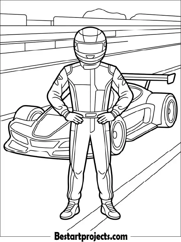 Racing Driver and Car Coloring Page