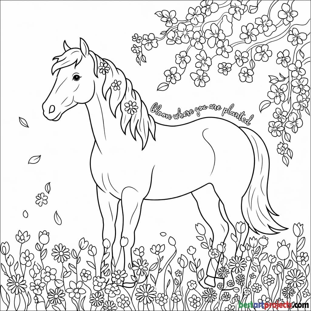 Springtime horse with blossoms  Coloring page 
