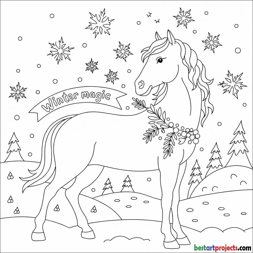 Horse in a winter wonderland with snowflakes Coloring Worksheet 