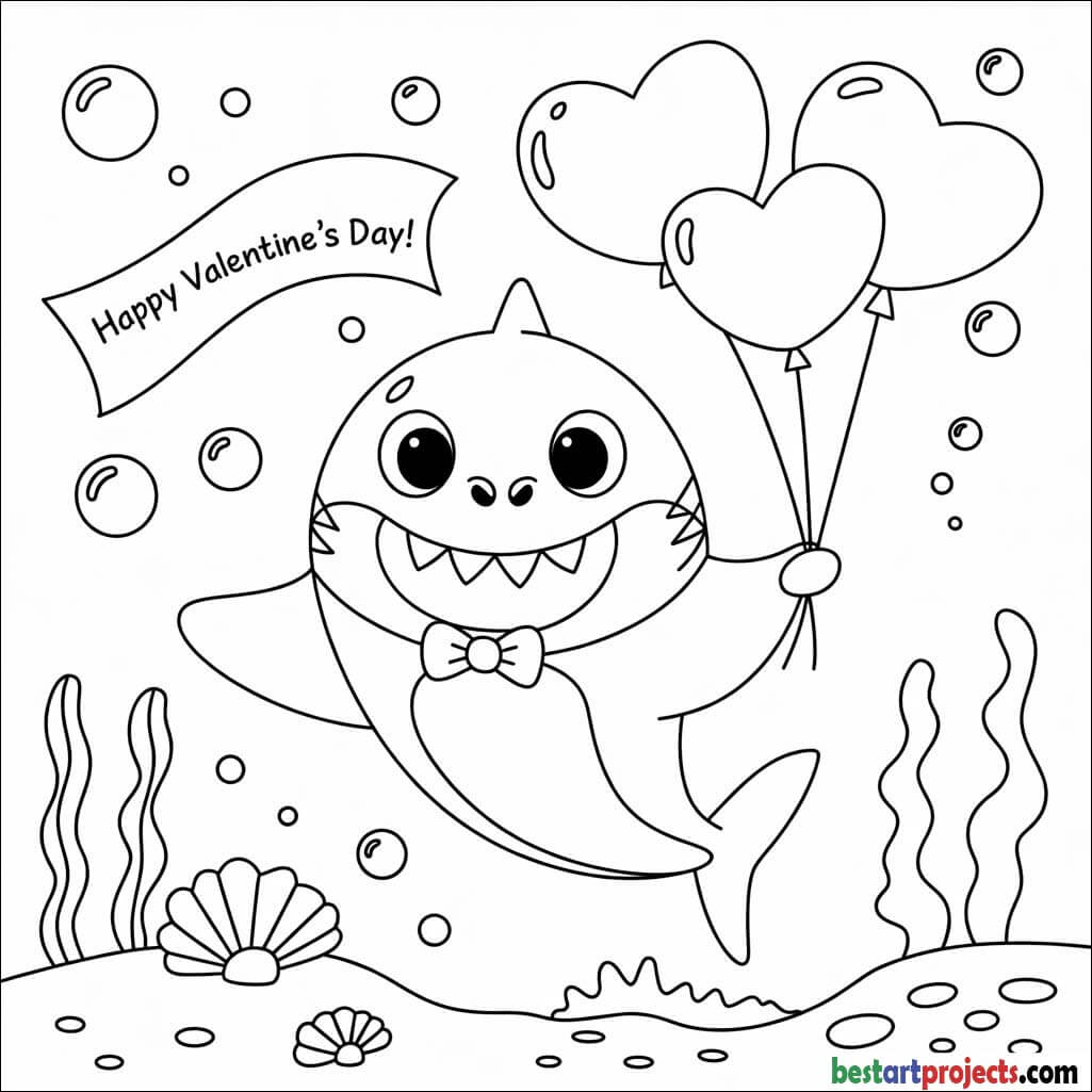 Valentine’s Day shark holding heart-shaped balloons printable coloring picture