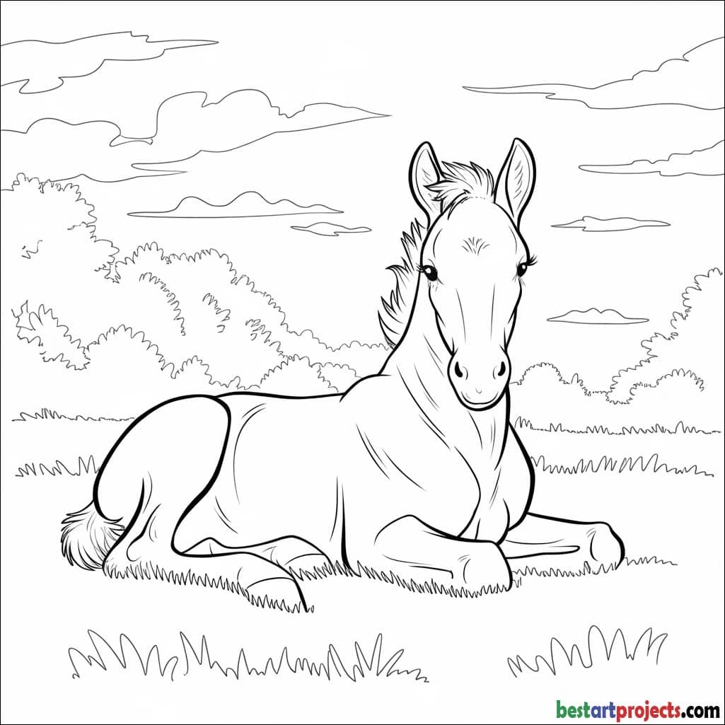 Foal Resting On Grass Coloring page 