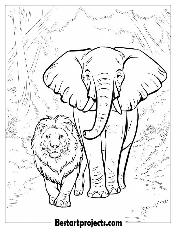 Lion and Elephant Sharing a Jungle Path