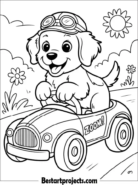 Puppy Driving Toy Car – Free Coloring Page to Print