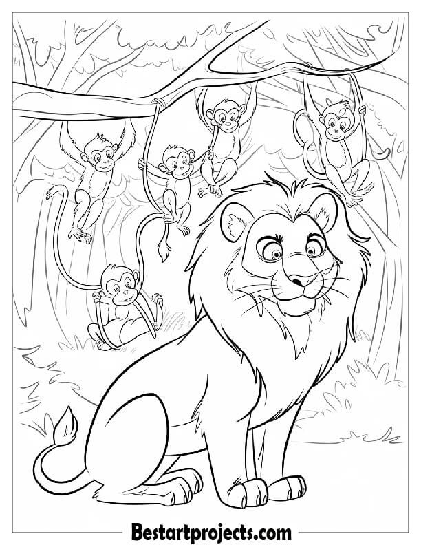 Lion with  a Group of Monkeys Swinging in the Trees