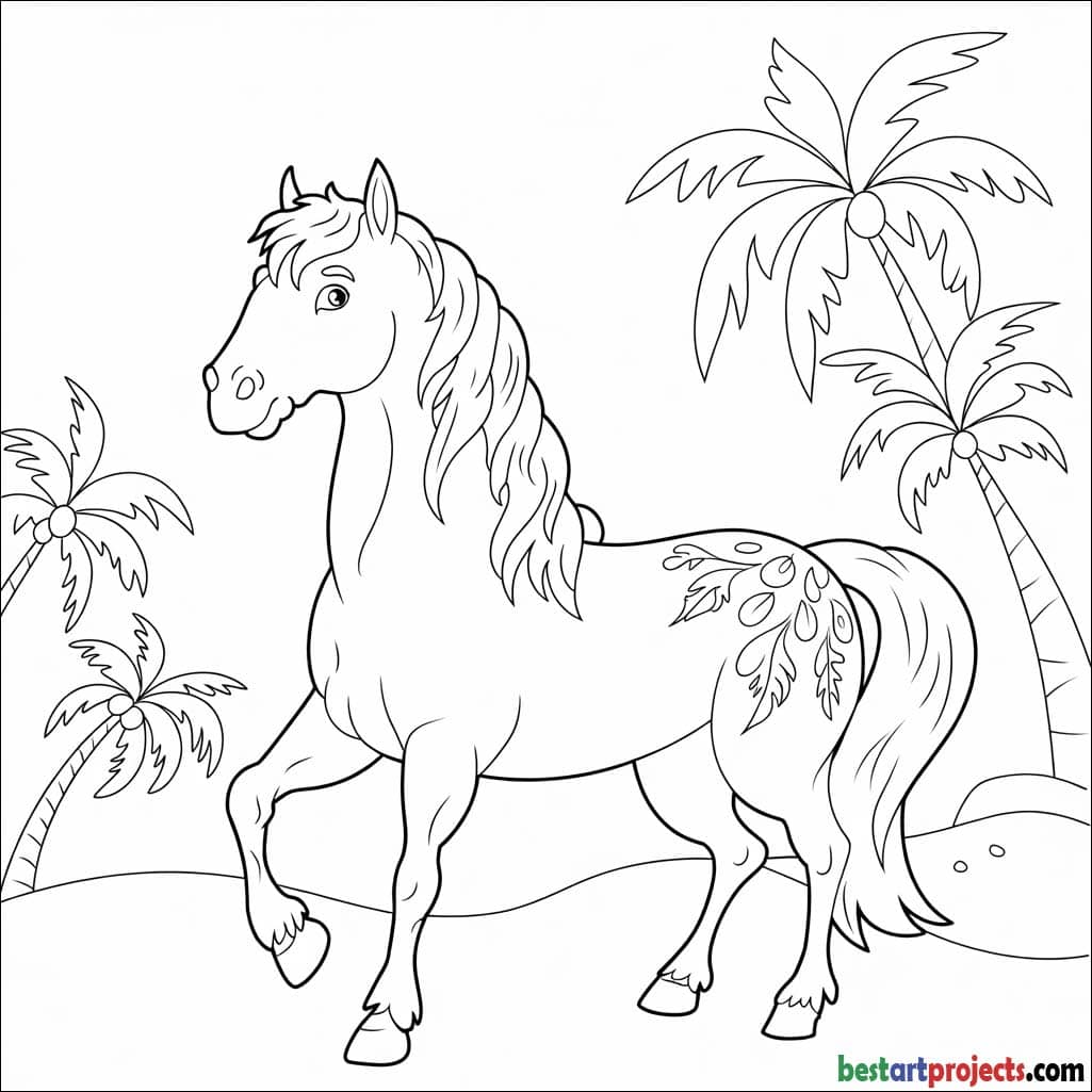 Tropical horse with palm trees Coloring page 
