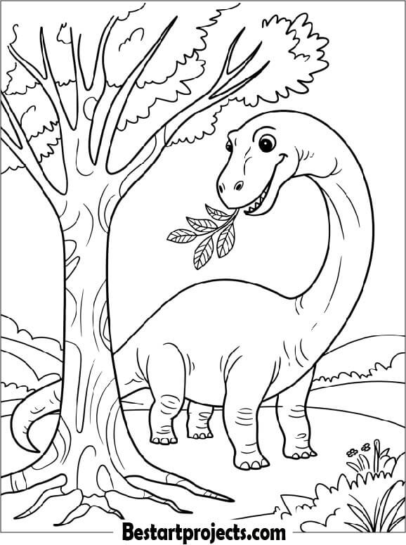 Brontosaurus Eating Leaves from a Tall Tree Coloring Sheet for Kids