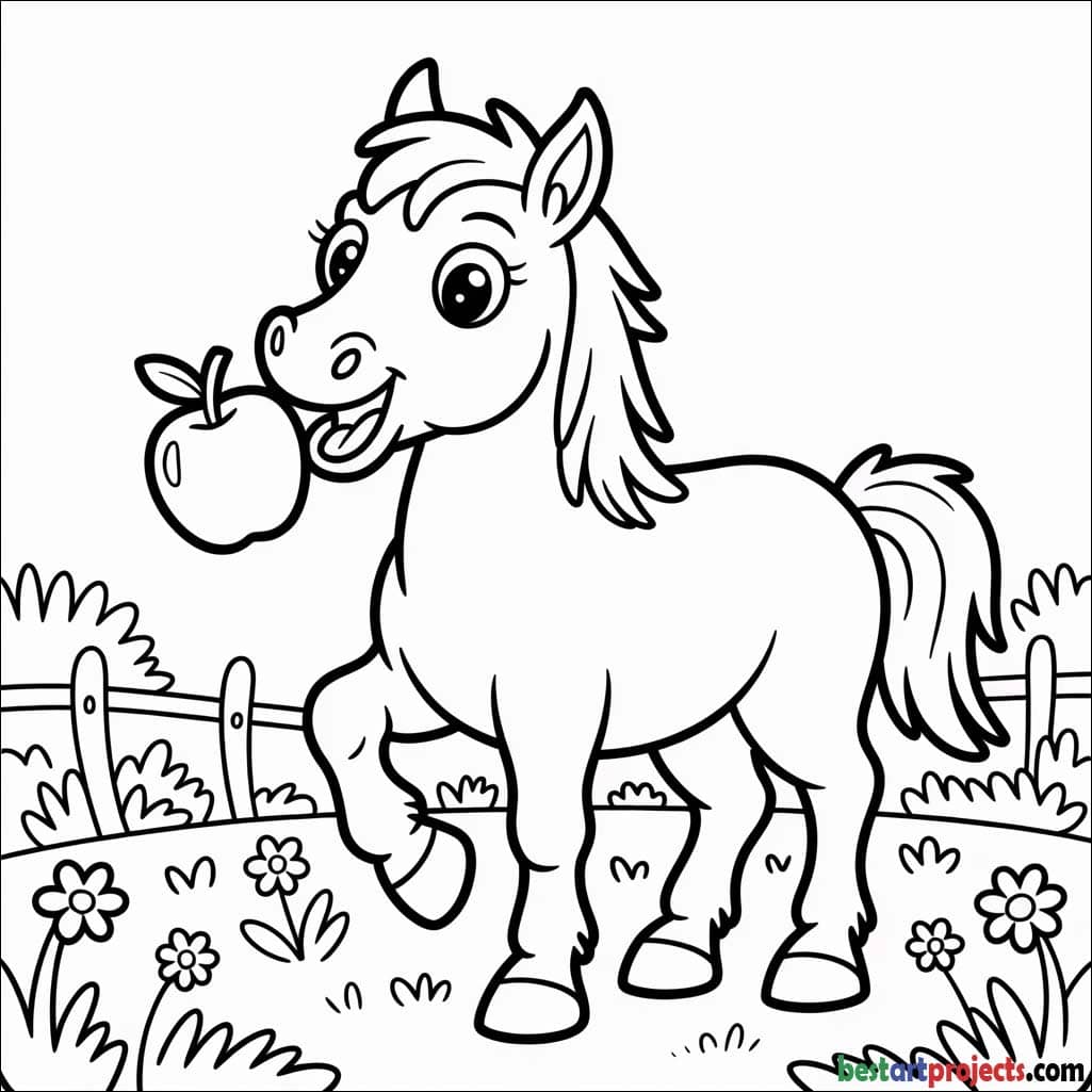 Horse Eating an Apple coloring page for kids 