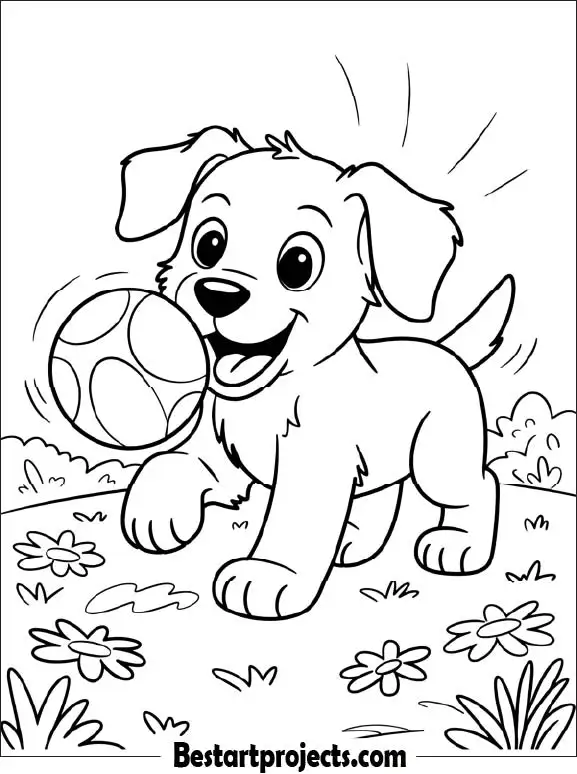 Puppy Playing with a Ball Printable Coloring Page