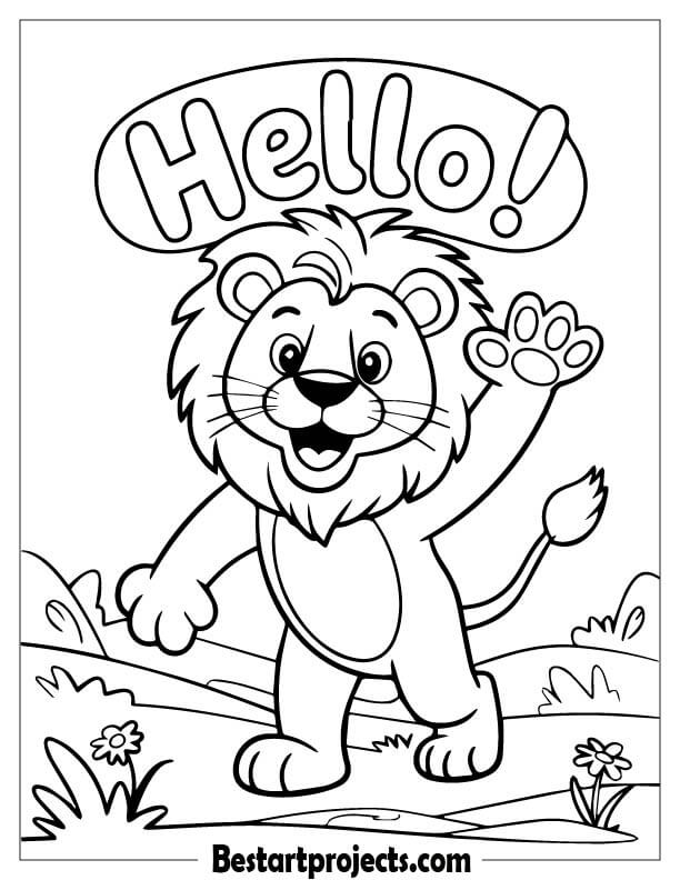 Smiling cartoon lion waving