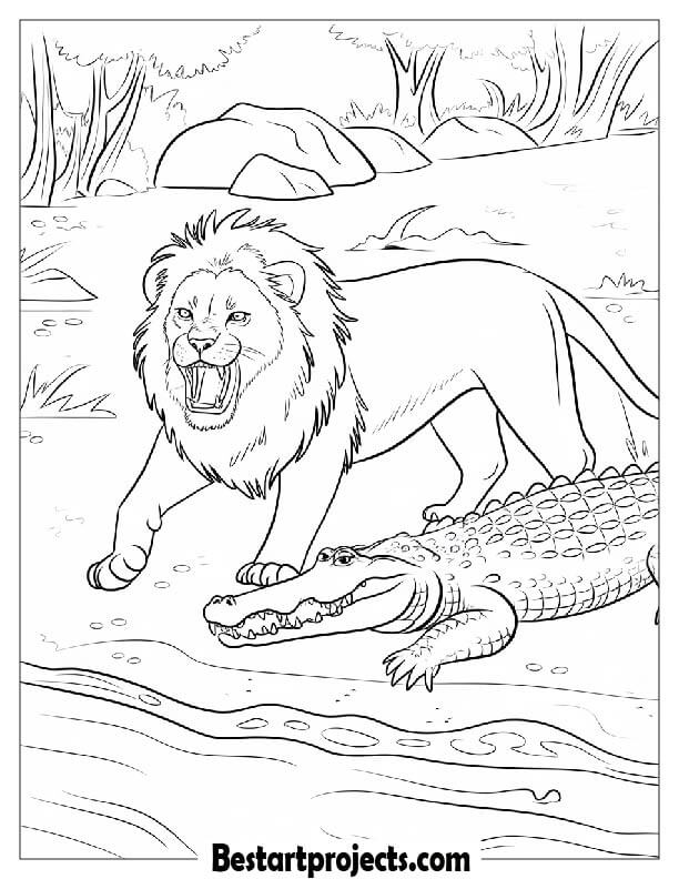 Lion and Crocodile Near a Riverbank