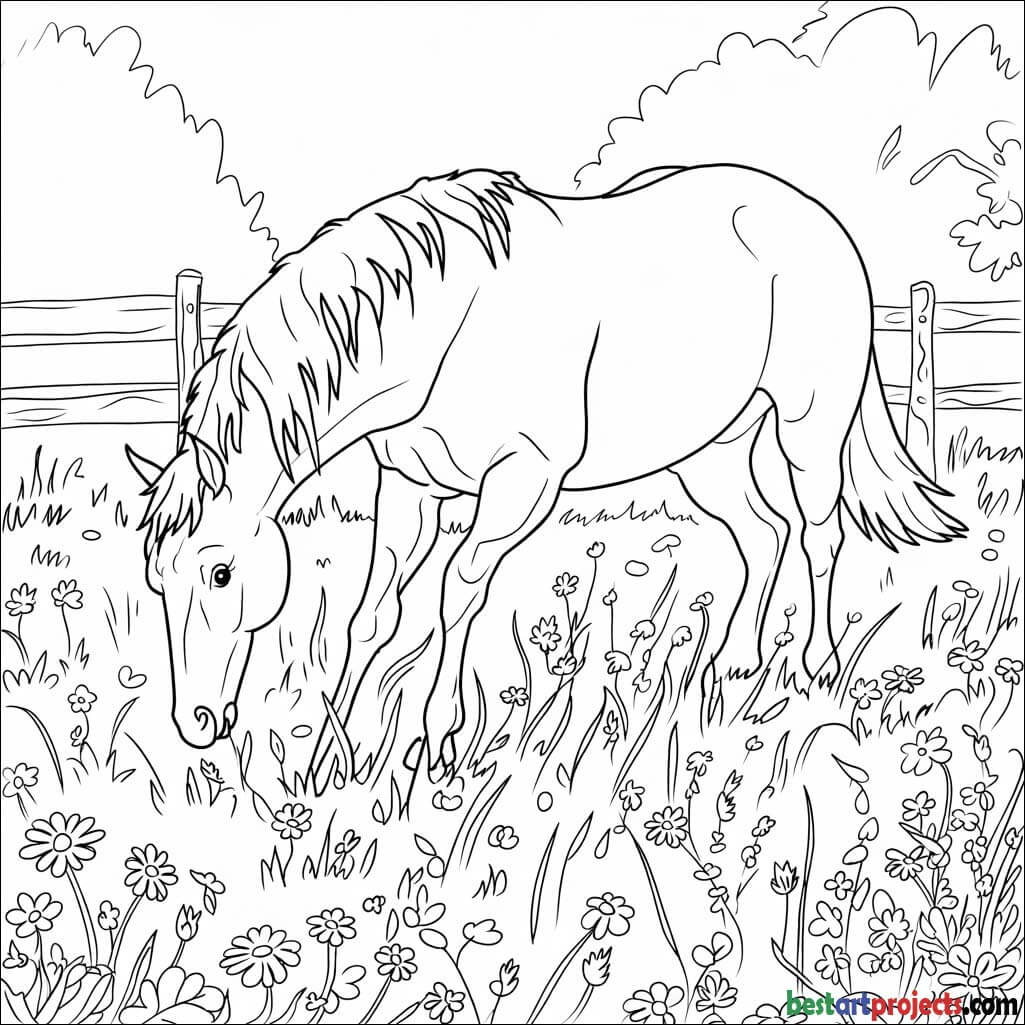 Horse Grazing in a Pasture Coloring page for kids 