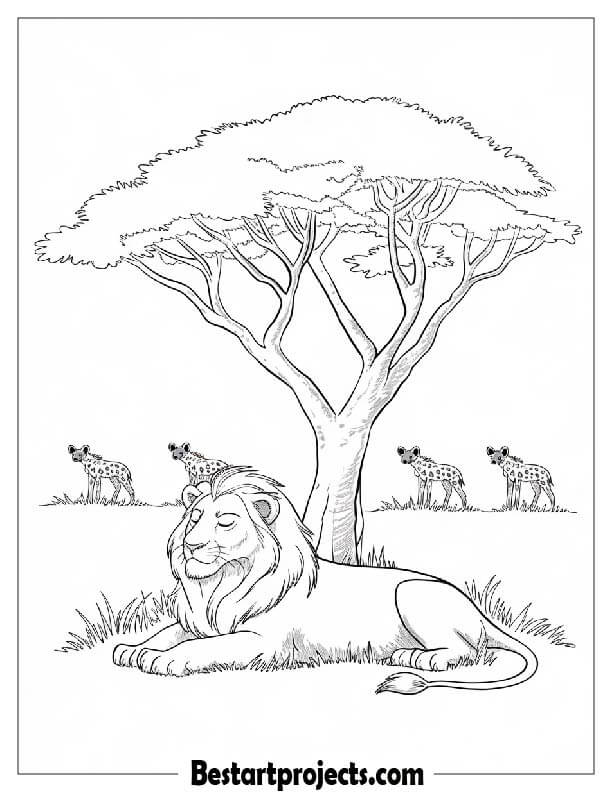 Lion Resting Under an Acacia Tree with Hyenas in the Distance