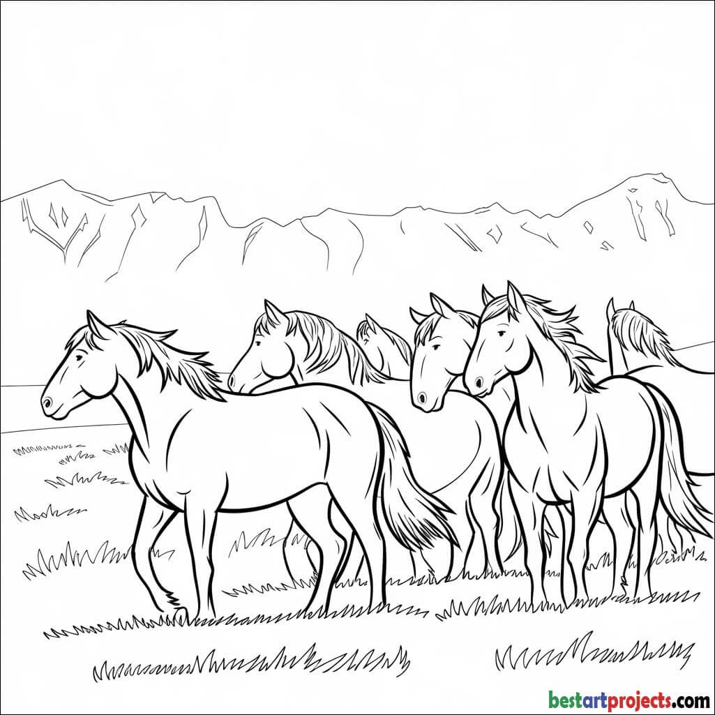 Icelandic horses in a Grass  field coloring page 