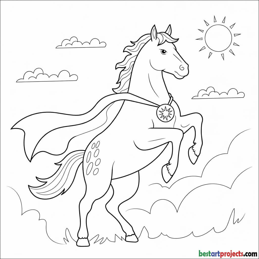 Superhero horse with a cape and emblem Coloring page 