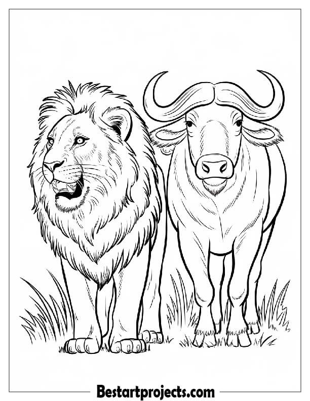 Lion and buffalo side by side coloring sheet