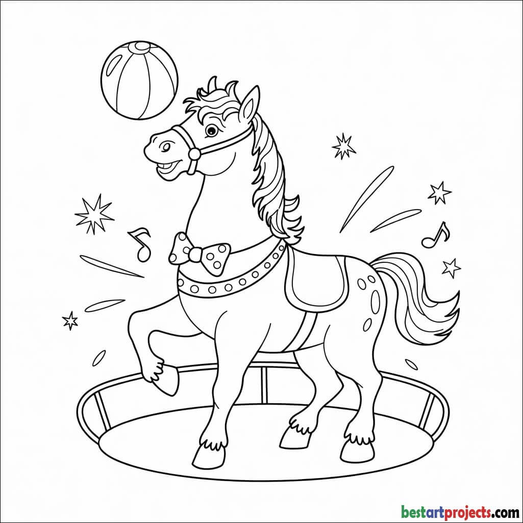 Circus horse with bow tie and ball coloring page 