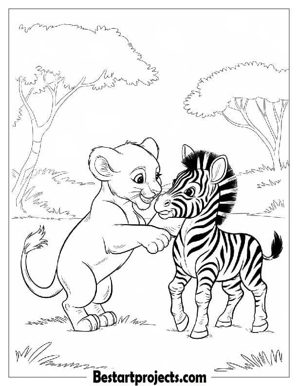 Lion cub playing with a baby zebra Coloring page